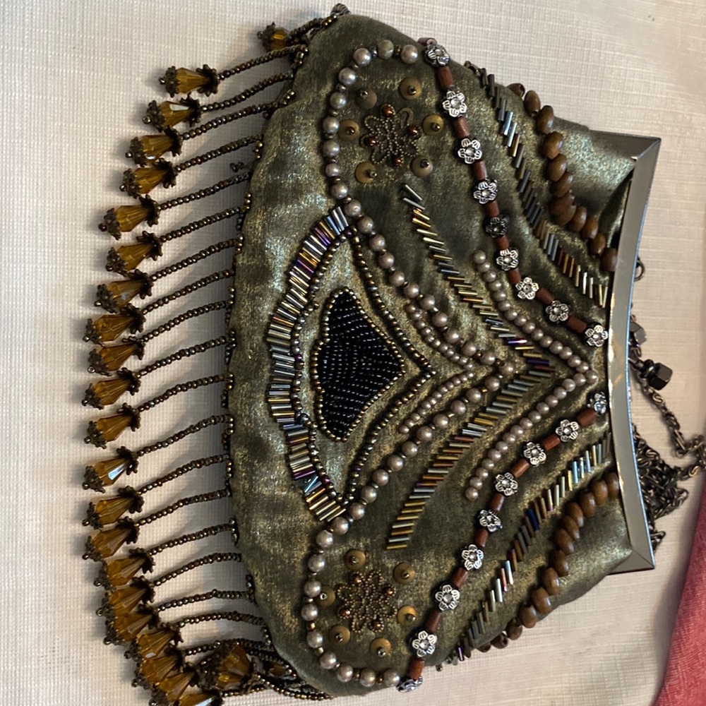 Vintage silk beaded crossbody and or clutch chai like black silver strap